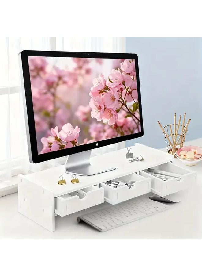 White Adjustable Height Monitor Stand With Storage Drawers Shelves Desk Organizer - Image 1
